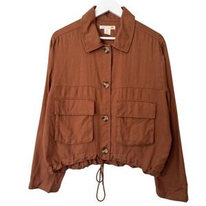 C&C California Womens Button Front Brown Lyocell Linen‎ Blend Crop Jacket Size L